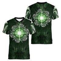 New Zealand Matariki Tupuarangi Women V-Neck T-Shirt Maori Moko Green Galaxy LT05 - Polynesian Pride