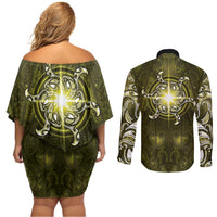 New Zealand Matariki Hiwaiterangi Couples Matching Off Shoulder Short Dress and Long Sleeve Button Shirt Maori Moko Yellow Galaxy LT05 - Polynesian Pride
