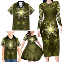 New Zealand Matariki Hiwaiterangi Family Matching Long Sleeve Bodycon Dress and Hawaiian Shirt Maori Moko Yellow Galaxy LT05 - Polynesian Pride