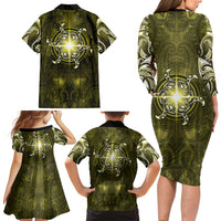 New Zealand Matariki Hiwaiterangi Family Matching Long Sleeve Bodycon Dress and Hawaiian Shirt Maori Moko Yellow Galaxy LT05 - Polynesian Pride