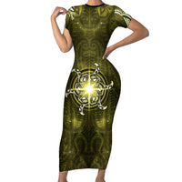 New Zealand Matariki Hiwaiterangi Short Sleeve Bodycon Dress Maori Moko Yellow Galaxy LT05 Long Dress Yellow - Polynesian Pride