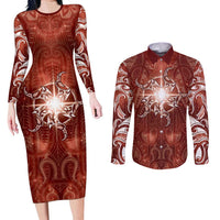 New Zealand Matariki Pohutukawa Couples Matching Long Sleeve Bodycon Dress and Long Sleeve Button Shirt Maori Moko Red Galaxy LT05 Red - Polynesian Pride