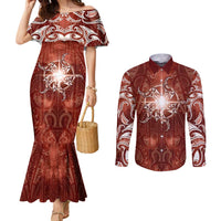 New Zealand Matariki Pohutukawa Couples Matching Mermaid Dress and Long Sleeve Button Shirt Maori Moko Red Galaxy LT05 Red - Polynesian Pride