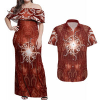 New Zealand Matariki Pohutukawa Couples Matching Off Shoulder Maxi Dress and Hawaiian Shirt Maori Moko Red Galaxy LT05 Red - Polynesian Pride