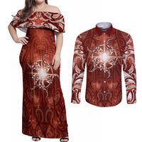 New Zealand Matariki Pohutukawa Couples Matching Off Shoulder Maxi Dress and Long Sleeve Button Shirt Maori Moko Red Galaxy LT05 Red - Polynesian Pride