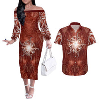 New Zealand Matariki Pohutukawa Couples Matching Off The Shoulder Long Sleeve Dress and Hawaiian Shirt Maori Moko Red Galaxy LT05 Red - Polynesian Pride