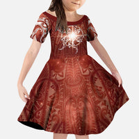 New Zealand Matariki Pohutukawa Kid Short Sleeve Dress Maori Moko Red Galaxy LT05 KID Red - Polynesian Pride