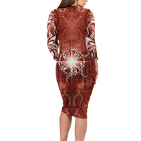 New Zealand Matariki Pohutukawa Long Sleeve Bodycon Dress Maori Moko Red Galaxy LT05 - Polynesian Pride