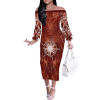 New Zealand Matariki Pohutukawa Off The Shoulder Long Sleeve Dress Maori Moko Red Galaxy LT05 Women Red - Polynesian Pride