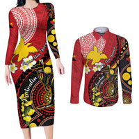 Papua New Guinea And Australia Aboriginal Couples Matching Long Sleeve Bodycon Dress and Long Sleeve Button Shirt Bird Of Paradise And Kangaroo Together LT05 Red - Polynesian Pride