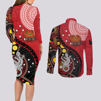 Papua New Guinea And Australia Aboriginal Couples Matching Long Sleeve Bodycon Dress and Long Sleeve Button Shirt Bird Of Paradise And Kangaroo Together LT05 - Polynesian Pride