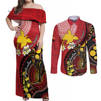 Papua New Guinea And Australia Aboriginal Couples Matching Off Shoulder Maxi Dress and Long Sleeve Button Shirt Bird Of Paradise And Kangaroo Together LT05 Red - Polynesian Pride