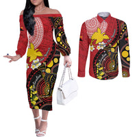 Papua New Guinea And Australia Aboriginal Couples Matching Off The Shoulder Long Sleeve Dress and Long Sleeve Button Shirt Bird Of Paradise And Kangaroo Together LT05 Red - Polynesian Pride