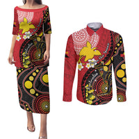 Papua New Guinea And Australia Aboriginal Couples Matching Puletasi and Long Sleeve Button Shirt Bird Of Paradise And Kangaroo Together LT05 Red - Polynesian Pride