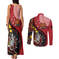 Papua New Guinea And Australia Aboriginal Couples Matching Tank Maxi Dress and Long Sleeve Button Shirt Bird Of Paradise And Kangaroo Together LT05 - Polynesian Pride
