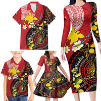 Papua New Guinea And Australia Aboriginal Family Matching Long Sleeve Bodycon Dress and Hawaiian Shirt Bird Of Paradise And Kangaroo Together LT05 - Polynesian Pride