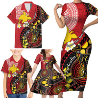 Papua New Guinea And Australia Aboriginal Family Matching Short Sleeve Bodycon Dress and Hawaiian Shirt Bird Of Paradise And Kangaroo Together LT05 - Polynesian Pride