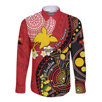 Papua New Guinea And Australia Aboriginal Long Sleeve Button Shirt Bird Of Paradise And Kangaroo Together LT05 Unisex Red - Polynesian Pride