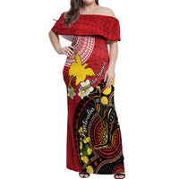 Papua New Guinea And Australia Aboriginal Off Shoulder Maxi Dress Bird Of Paradise And Kangaroo Together LT05 Women Red - Polynesian Pride