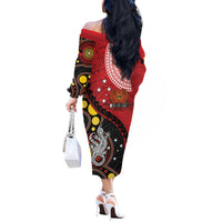 Papua New Guinea And Australia Aboriginal Off The Shoulder Long Sleeve Dress Bird Of Paradise And Kangaroo Together LT05 - Polynesian Pride