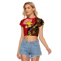 Papua New Guinea And Australia Aboriginal Raglan Cropped T Shirt Bird Of Paradise And Kangaroo Together LT05 Female Red - Polynesian Pride