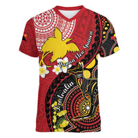Papua New Guinea And Australia Aboriginal Women V-Neck T-Shirt Bird Of Paradise And Kangaroo Together LT05 Female Red - Polynesian Pride