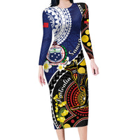 Samoa And Australia Together Family Matching Long Sleeve Bodycon Dress and Hawaiian Shirt Aboriginal Mix Polynesian LT05 Mom's Dress Blue - Polynesian Pride