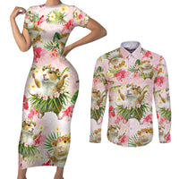 Hawaii Guinea Hula Pig Couples Matching Short Sleeve Bodycon Dress and Long Sleeve Button Shirt Funny Tropical Style LT05 Pink - Polynesian Pride