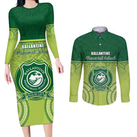 Personalised Ballantine Memorial School Couples Matching Long Sleeve Bodycon Dress and Long Sleeve Button Shirt With Fijian Tapa Pattern LT05 Green - Polynesian Pride