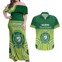 Personalised Ballantine Memorial School Couples Matching Off Shoulder Maxi Dress and Hawaiian Shirt With Fijian Tapa Pattern LT05 Green - Polynesian Pride