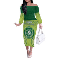 Personalised Ballantine Memorial School Family Matching Off The Shoulder Long Sleeve Dress and Hawaiian Shirt With Fijian Tapa Pattern LT05 Mom's Dress Green - Polynesian Pride