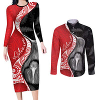 New Zealand Aotearoa Couples Matching Long Sleeve Bodycon Dress and Long Sleeve Button Shirt Kiwi Fern Maori Pattern Red Version LT05 Red - Polynesian Pride