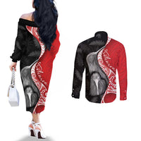 New Zealand Aotearoa Couples Matching Off The Shoulder Long Sleeve Dress and Long Sleeve Button Shirt Kiwi Fern Maori Pattern Red Version LT05 - Polynesian Pride