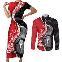 New Zealand Aotearoa Couples Matching Short Sleeve Bodycon Dress and Long Sleeve Button Shirt Kiwi Fern Maori Pattern Red Version LT05 Red - Polynesian Pride