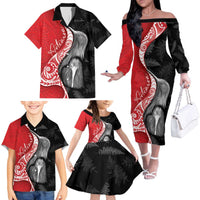 New Zealand Aotearoa Family Matching Off The Shoulder Long Sleeve Dress and Hawaiian Shirt Kiwi Fern Maori Pattern Red Version LT05 - Polynesian Pride