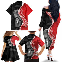 New Zealand Aotearoa Family Matching Off The Shoulder Long Sleeve Dress and Hawaiian Shirt Kiwi Fern Maori Pattern Red Version LT05 - Polynesian Pride