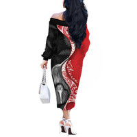 New Zealand Aotearoa Off The Shoulder Long Sleeve Dress Kiwi Fern Maori Pattern Red Version LT05 - Polynesian Pride
