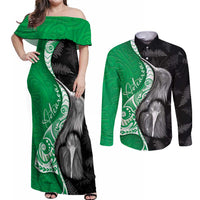 New Zealand Aotearoa Couples Matching Off Shoulder Maxi Dress and Long Sleeve Button Shirt Kiwi Fern Maori Pattern Green Version LT05 Green - Polynesian Pride