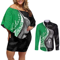 New Zealand Aotearoa Couples Matching Off Shoulder Short Dress and Long Sleeve Button Shirt Kiwi Fern Maori Pattern Green Version LT05 Green - Polynesian Pride