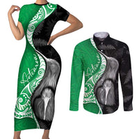 New Zealand Aotearoa Couples Matching Short Sleeve Bodycon Dress and Long Sleeve Button Shirt Kiwi Fern Maori Pattern Green Version LT05 Green - Polynesian Pride