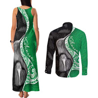 New Zealand Aotearoa Couples Matching Tank Maxi Dress and Long Sleeve Button Shirt Kiwi Fern Maori Pattern Green Version LT05 - Polynesian Pride