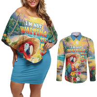 Hawaii Parrot Couples Matching Off Shoulder Short Dress and Long Sleeve Button Shirt Im Not Waiting Till 5 Oclock