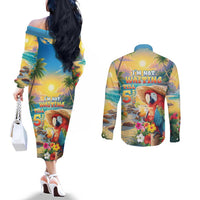 Hawaii Parrot Couples Matching Off The Shoulder Long Sleeve Dress and Long Sleeve Button Shirt Im Not Waiting Till 5 Oclock LT05 - Polynesian Pride