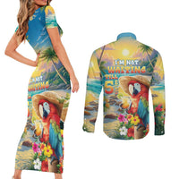 Hawaii Parrot Couples Matching Short Sleeve Bodycon Dress and Long Sleeve Button Shirt Im Not Waiting Till 5 Oclock LT05 - Polynesian Pride