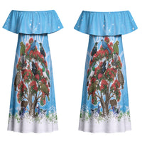 New Zealand Birds Christmas Couples Matching Off Shoulder Maxi Dress and Hawaiian Shirt Pohutukawa Xmas Tree