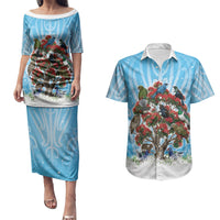 New Zealand Birds Christmas Couples Matching Puletasi and Hawaiian Shirt Pohutukawa Xmas Tree