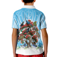 New Zealand Birds Christmas Kid Polo Shirt Pohutukawa Xmas Tree