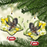 New Zealand Piwakawaka Fantail Bird Ceramic Ornament With Kowhai Flowers LT05 Snow Flake Green - Polynesian Pride