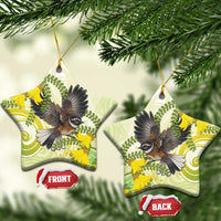 New Zealand Piwakawaka Fantail Bird Ceramic Ornament With Kowhai Flowers LT05 Star Green - Polynesian Pride