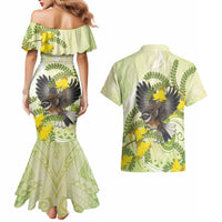 New Zealand Piwakawaka Fantail Bird Couples Matching Mermaid Dress and Hawaiian Shirt With Kowhai Flowers LT05 - Polynesian Pride